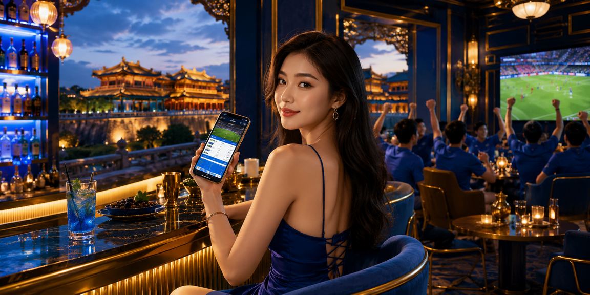 Người dùng Huế theo dõi cá cược thể thao qua điện thoại với trang phục truyền thống Việt Nam